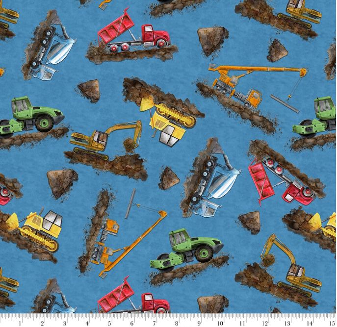 Cotton Let's Get Building Trucks Construction Dirt Work Dump Truck Crane Tractor Blank Quilting Cotton Fabric Print by the Yard (4395-75)