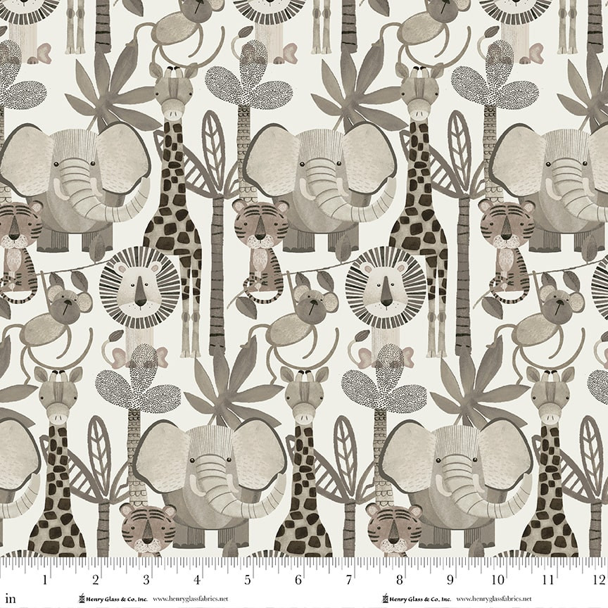 Cotton Jungle Romp Tigers Lions Elephants Monkeys Trees Allover Neutral Tones Henry Glass Multicolor Cotton Fabric Print by the Yard (2101-44)