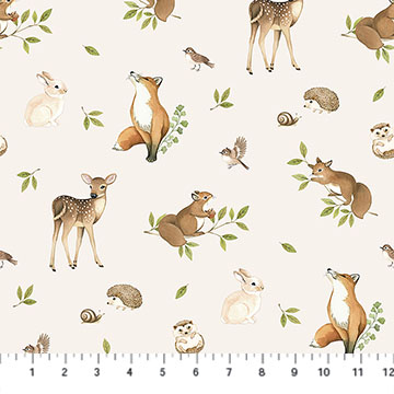Cotton Woodland Heart Foxes Deer Bunnies Woodland Animals Allover Northcott Cream Cotton Fabric Print by the Yard (DP28722-11)