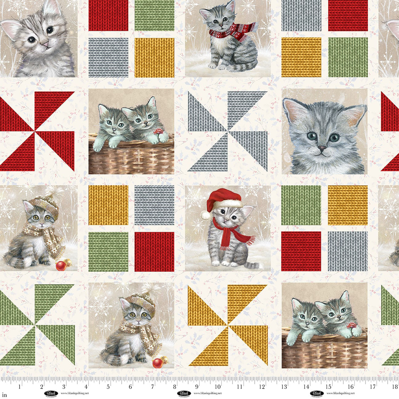 Cotton A Pur-fect Holiday Season Kittens Cats Patchwork Look Winter Blank Quilting Multicolor Cotton Fabric Print by the Yard (4064-48)