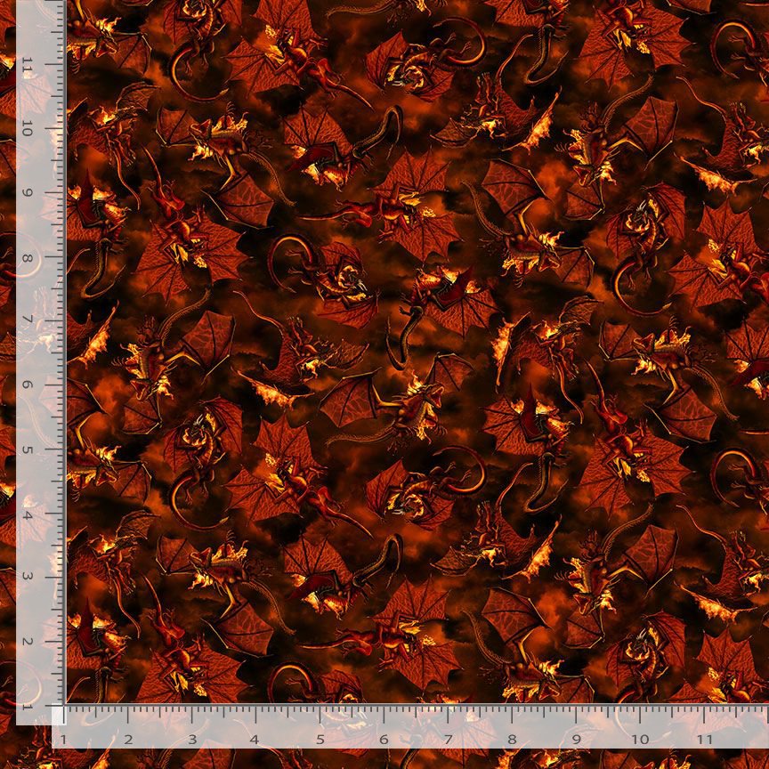 Cotton Dragon Fire Battles Flames Flying Creatures Allover Timeless Treasures Orange Black Cotton Fabric Print by the Yard (FUN-CD3941-FLAME)