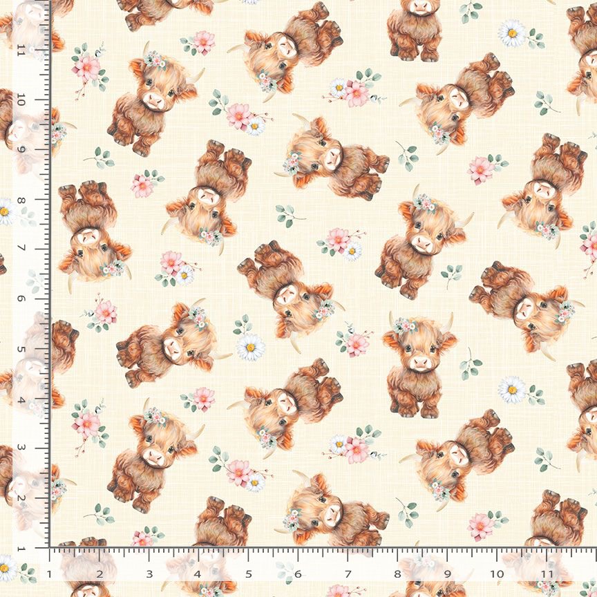 Cotton Till the Cows Come Home Baby Highland Cows Florals Flowers Timeless Treasures Cream Fabric Print by Yard (FARM-CD4041-MULTI)