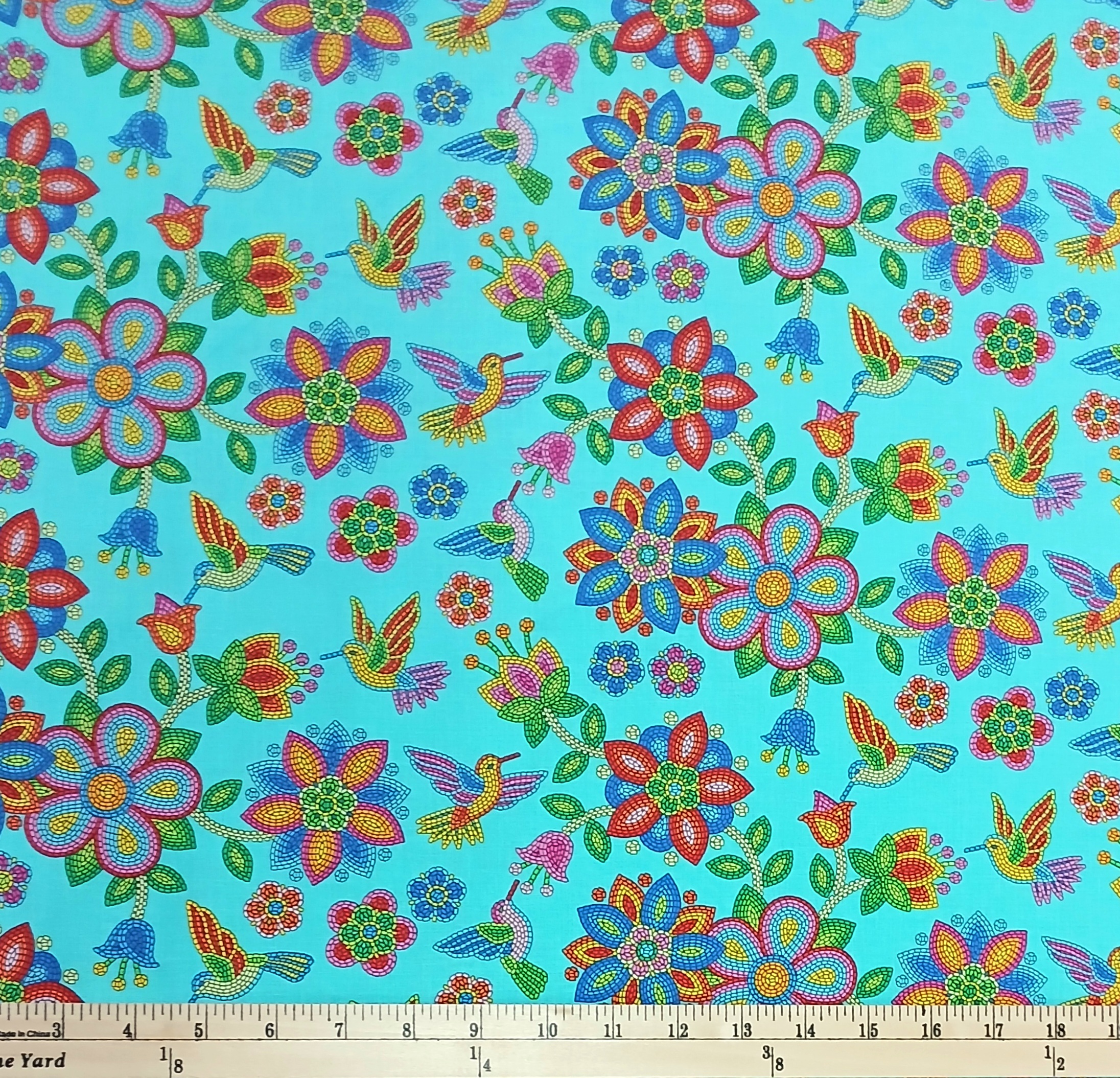 Cotton Tucson Beaded-Look Mosaic Flowers Hummingbirds Elizabeth Studios Turquoise Cotton Fabric Print by the Yard (640TURQUOISE)