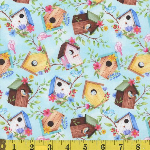 Cotton Tiny Tweets Bird Houses Tree Flowers Spring Mook Fabrics Multicolor Cotton Fabric Print by the Yard (142171)
