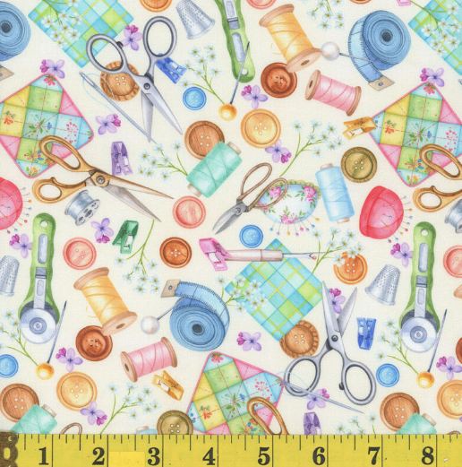 Cotton Prairie Nations Sewing Tools Needles Scissors Thread Buttons Mook Fabrics Yellow Cotton Fabric Print by the Yard (142128)