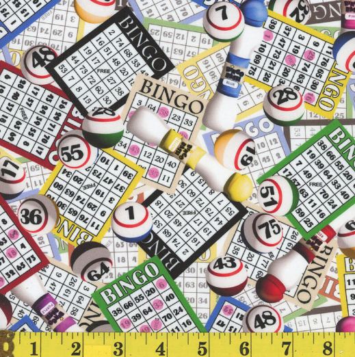 Cotton Bingo Balls Cards Games Allover Mook Fabrics Multicolor Cotton Fabric Print by the Yard (142106)