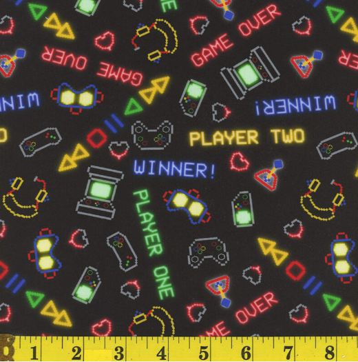 Cotton Pixel Power Gamers Video Games Controllers Technology Words Mook Fabrics Black Cotton Fabric Print by the Yard (142101)