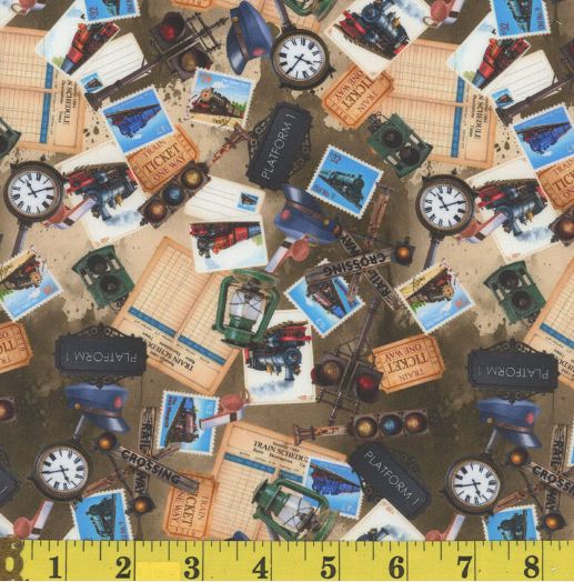 Cotton The Vintage Line Trains Stations Platforms Railroads Tickets Mook Fabrics Multicolor Cotton Fabric Print by the Yard (142110)