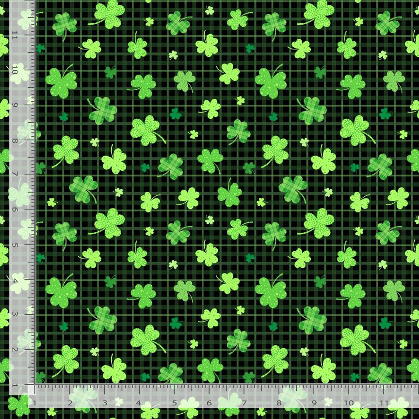 Cotton Good Luck Charm St. Patrick's Day Clovers Plaid Shamrocks Timeless Treasures Cotton Fabric Print by the Yard (FUN-CD3844-BLACK)