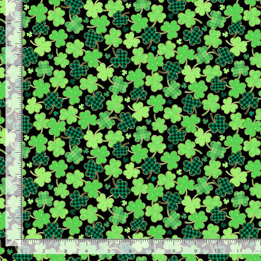 Cotton Good Luck Charm St. Patrick's Day Clovers Plaid Shamrocks on Black Timeless Treasures Cotton Fabric Print by the Yard (FUN-CD3843-GREEN)