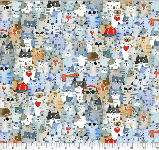 Cotton Cats Around Town Kittens Hats Scarves Glasses Packed Windham Fabrics Cotton Fabric Print by the Yard (54998-2)