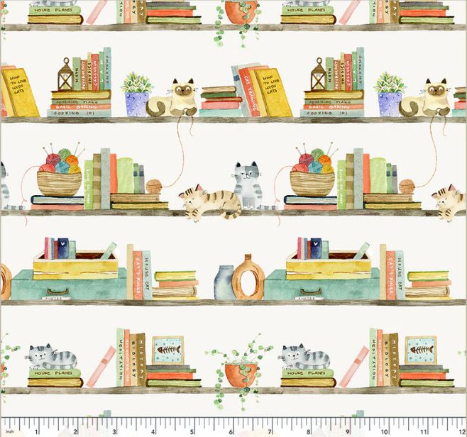 Cotton Cats Around Town Bookshelves Kittens Books Yarn Plants Windham Fabrics Cotton Fabric Print by the Yard (54999-3)