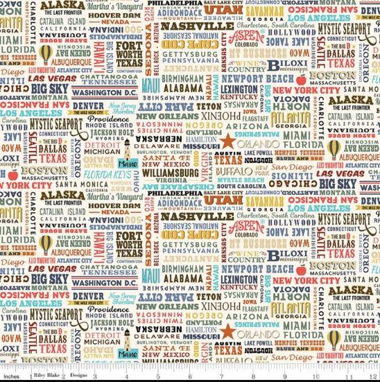 Cotton Destinations Cities States Vacation Words Visit Riley Blake Cotton Fabric Print by the Yard (C1009)