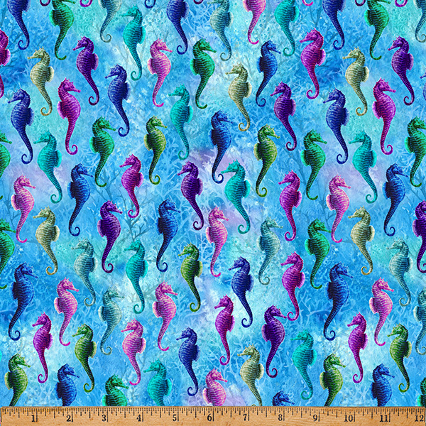 Cotton Whale Song Seahorses on Blue with Coral Ocean Animals Hoffman California Fabrics Cotton Fabric Print by the Yard (X5690-692-OCEAN)
