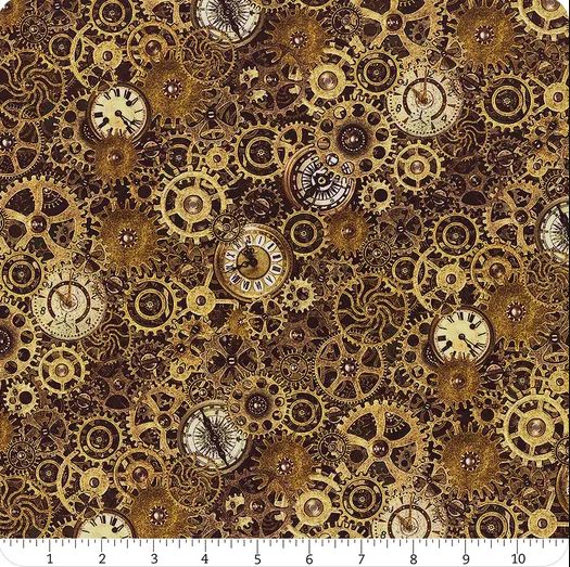 Cotton Steampunk Menagerie Gear Clock Compass Cogs Wheels Machinery Gold In The Beginning Fabrics Cotton Fabric Print by the Yard (6ST-1)