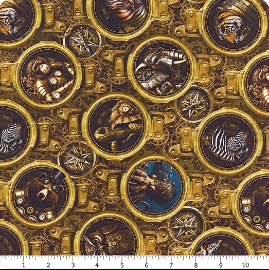 Cotton Steampunk Menagerie Gear Compass Animals Metal Machinery Gold In The Beginning Fabrics Cotton Fabric Print by the Yard (4ST-1)