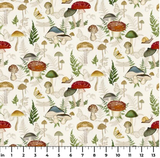 Cotton Woodland Whimsy Mushroom Fern Butterfly Forest Acorns Springs Creative Cotton Fabric Print by the Yard (2034-0048)