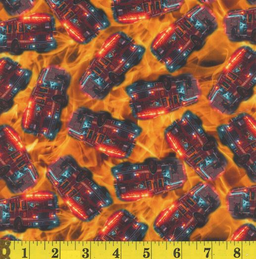 Cotton Sirens and Speed Firefighter Fire Truck Emergency Flames Rescue Lights Mook Fabrics Cotton Fabric Print by the Yard (142114)