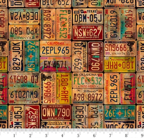 Cotton Historic Highway State License Plate Rustic Travel Roads Blank Quilting Cotton Fabric Print by the Yard (4476-33)