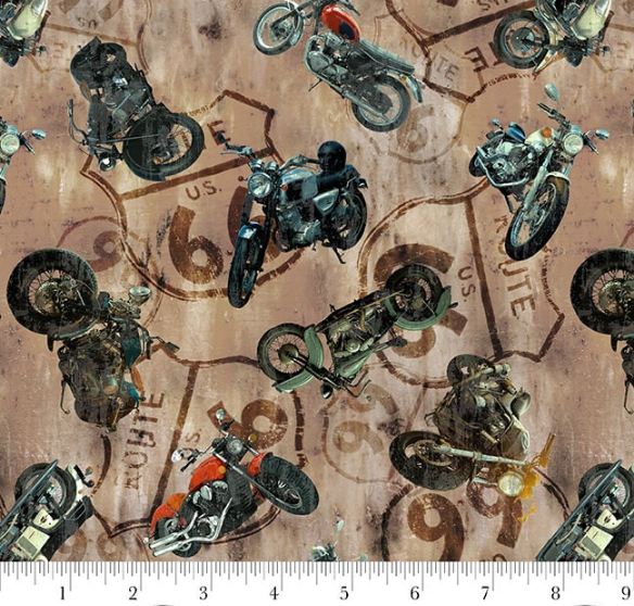 Cotton Historic Highway Route 66 Signs Motorcycles Road Vehicles Blank Quilting Cotton Fabric Print by the Yard (4477-90)