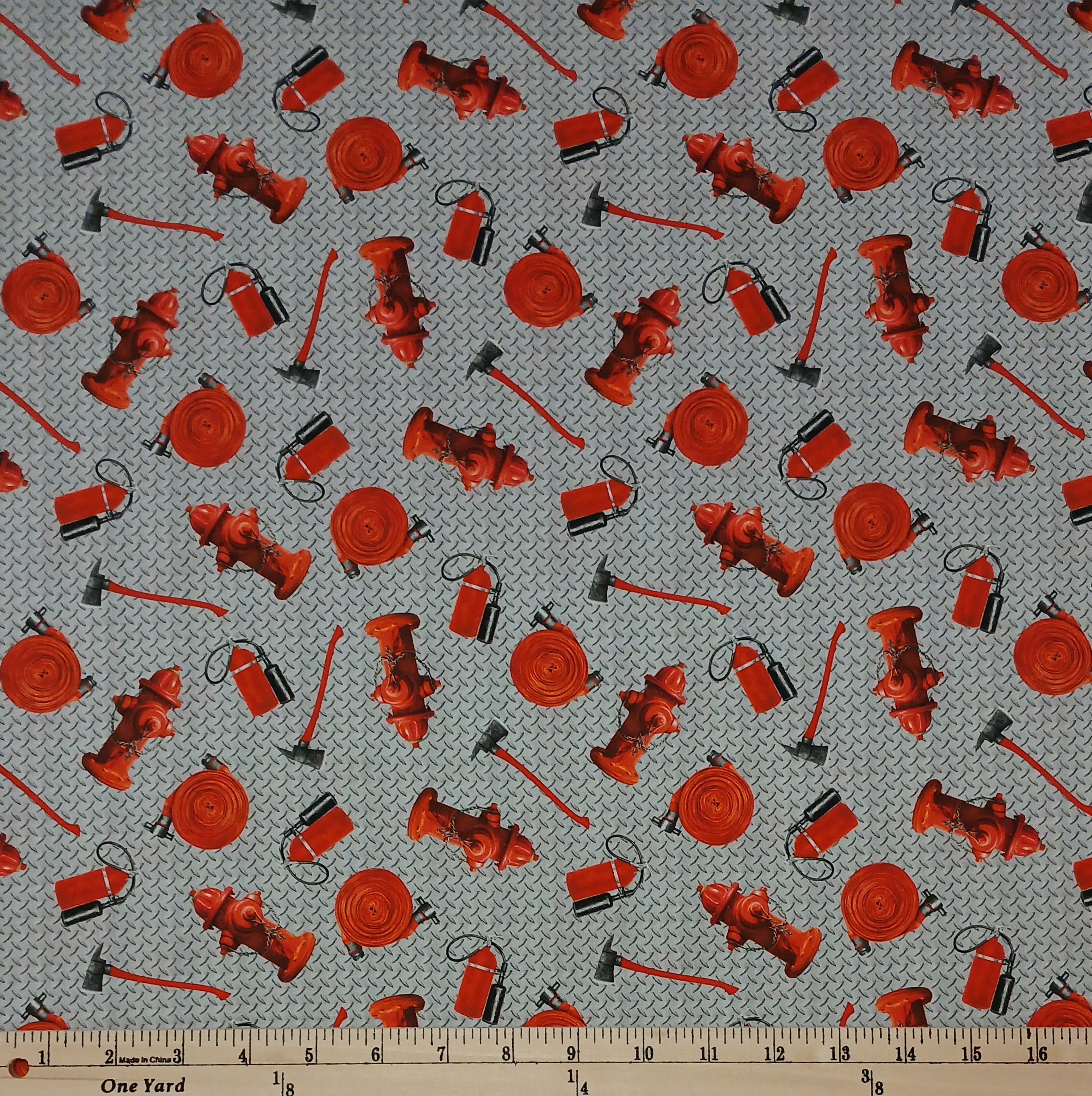 Cotton Fire Alarm Fire Hydrant Fire Extinguisher Hose Axe Emergency Rescue Blank Quilting Cotton Fabric Print by the Yard (4100-90)