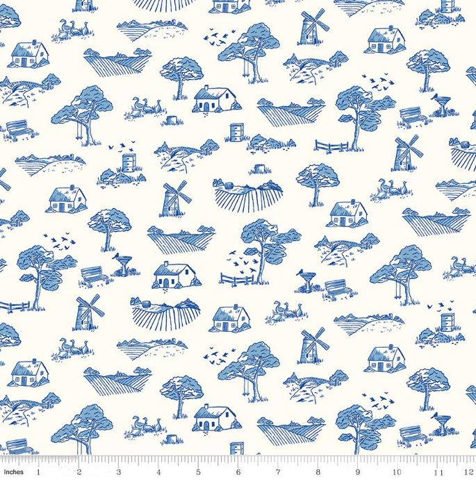 Cotton Virginia Rose Toile Windmill Farm Land Country Ducks Cottage Trees Riley Blake Cotton Fabric Print by the Yard (C17322-BLUE)