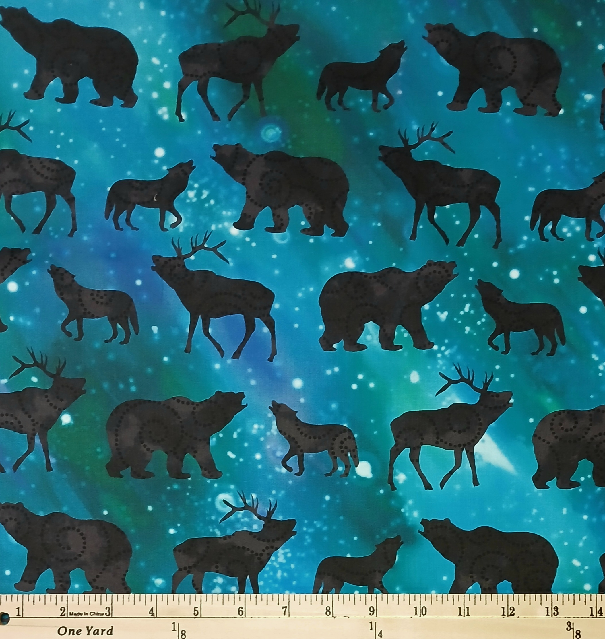 Cotton Aurora Borealis Northern Lights Animals Wolves Bears Deer Alaska Northcott Cotton Fabric Print by the Yard (DP24701-66)