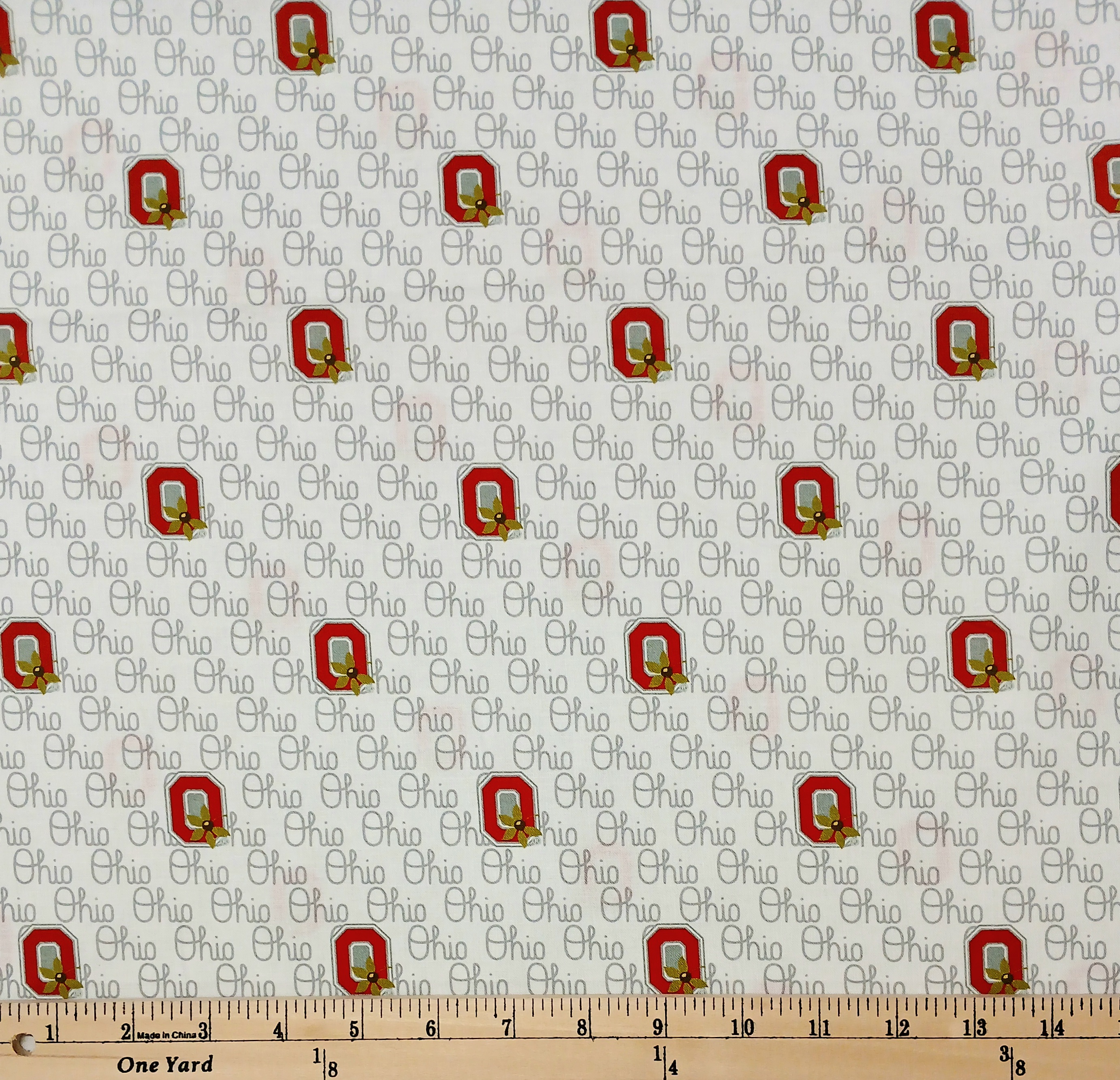 Cotton Ohio State University OSU Buckeyes Block Letter Ohio on White Officially Licensed by Sykel Enterprises Cotton Fabric Print by the Yard (OHS1328)