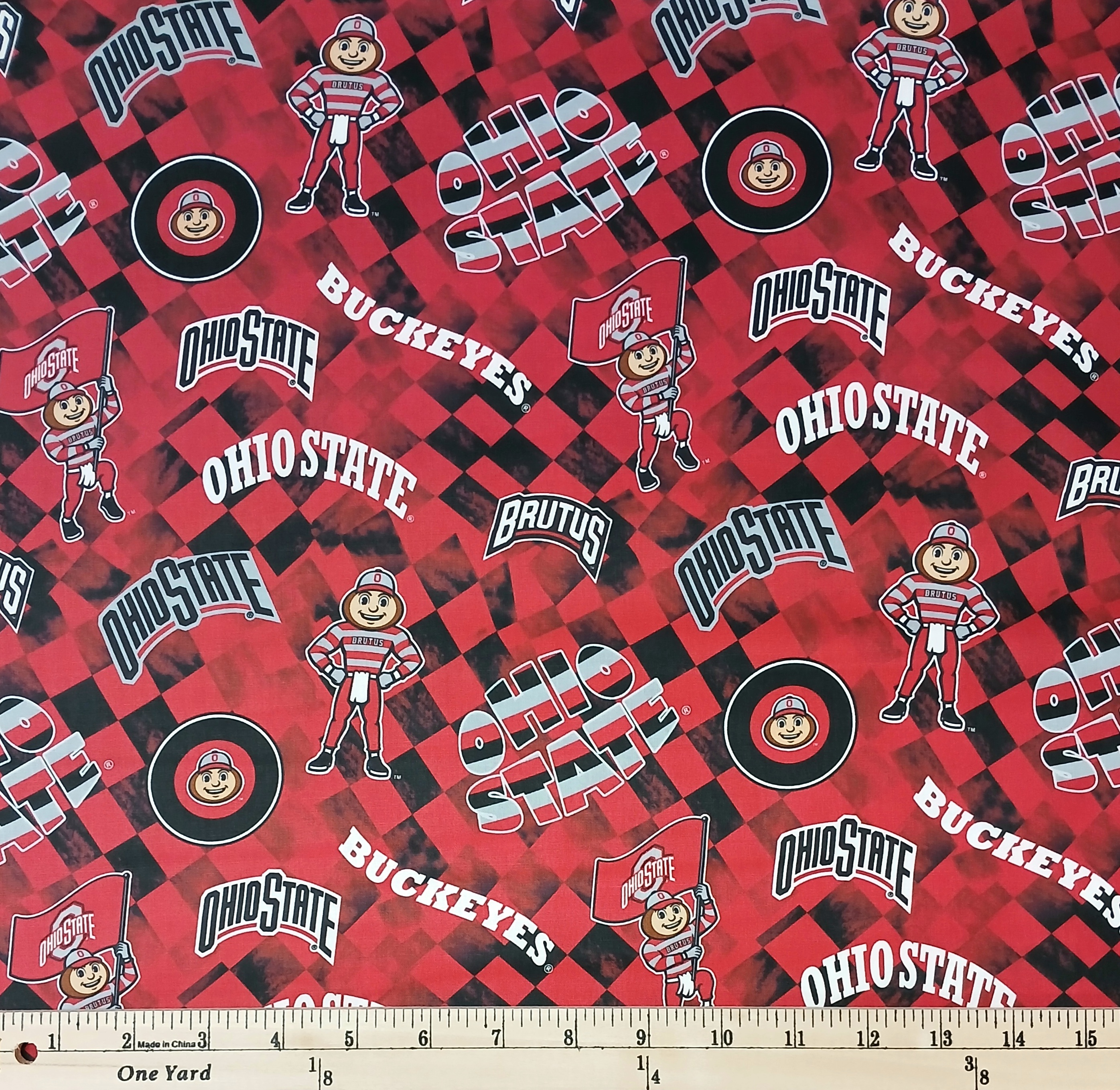 Cotton Ohio State University OSU Buckeyes Check Allover Brutus Officially Licensed by Sykel Enterprises Red Cotton Fabric Print by the Yard (OHS1370)