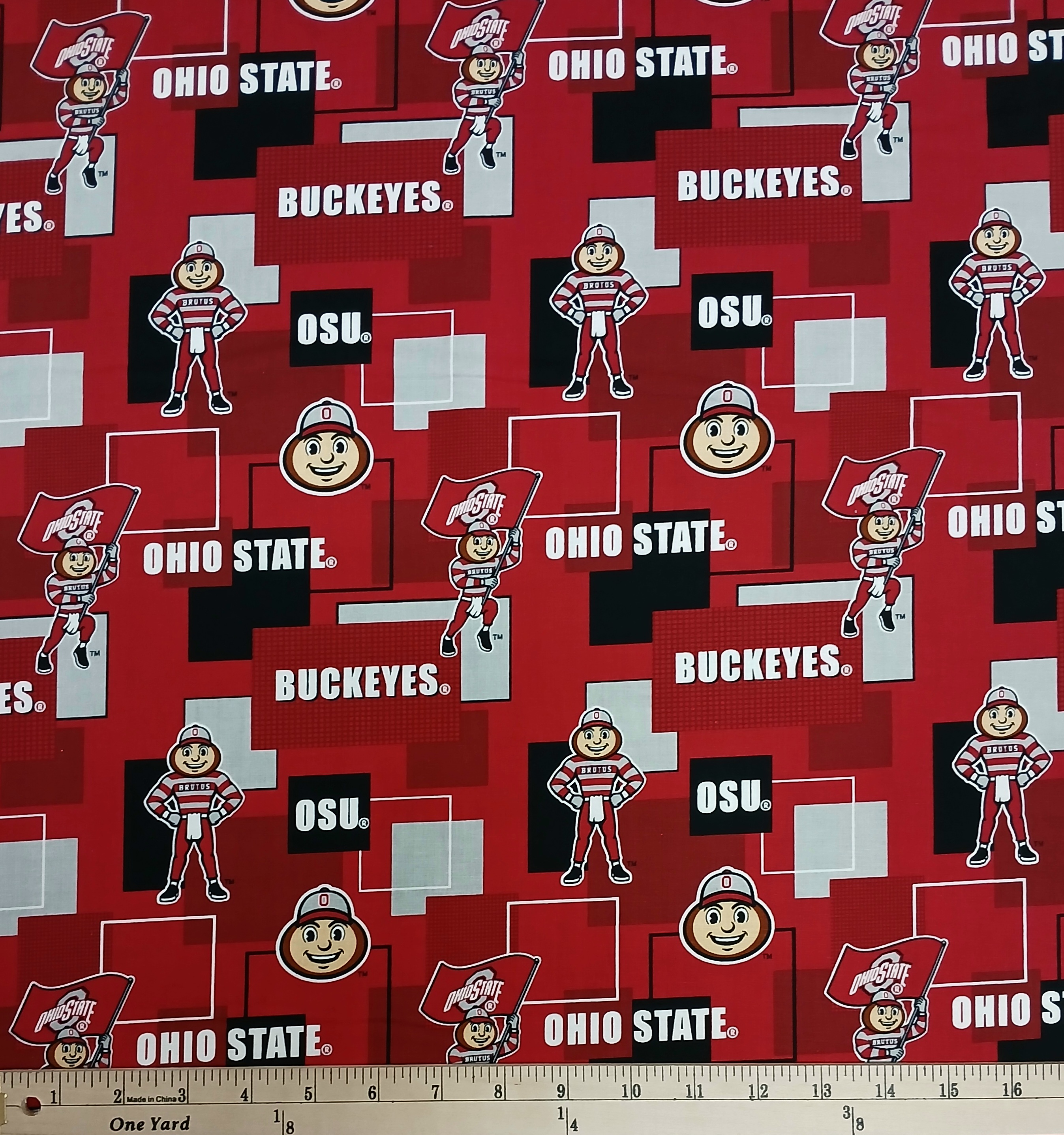 Cotton Ohio State University OSU Buckeyes Brutus Squares Officially Licensed by Sykel Enterprises Red Cotton Fabric Print by the Yard (OHS-1115)