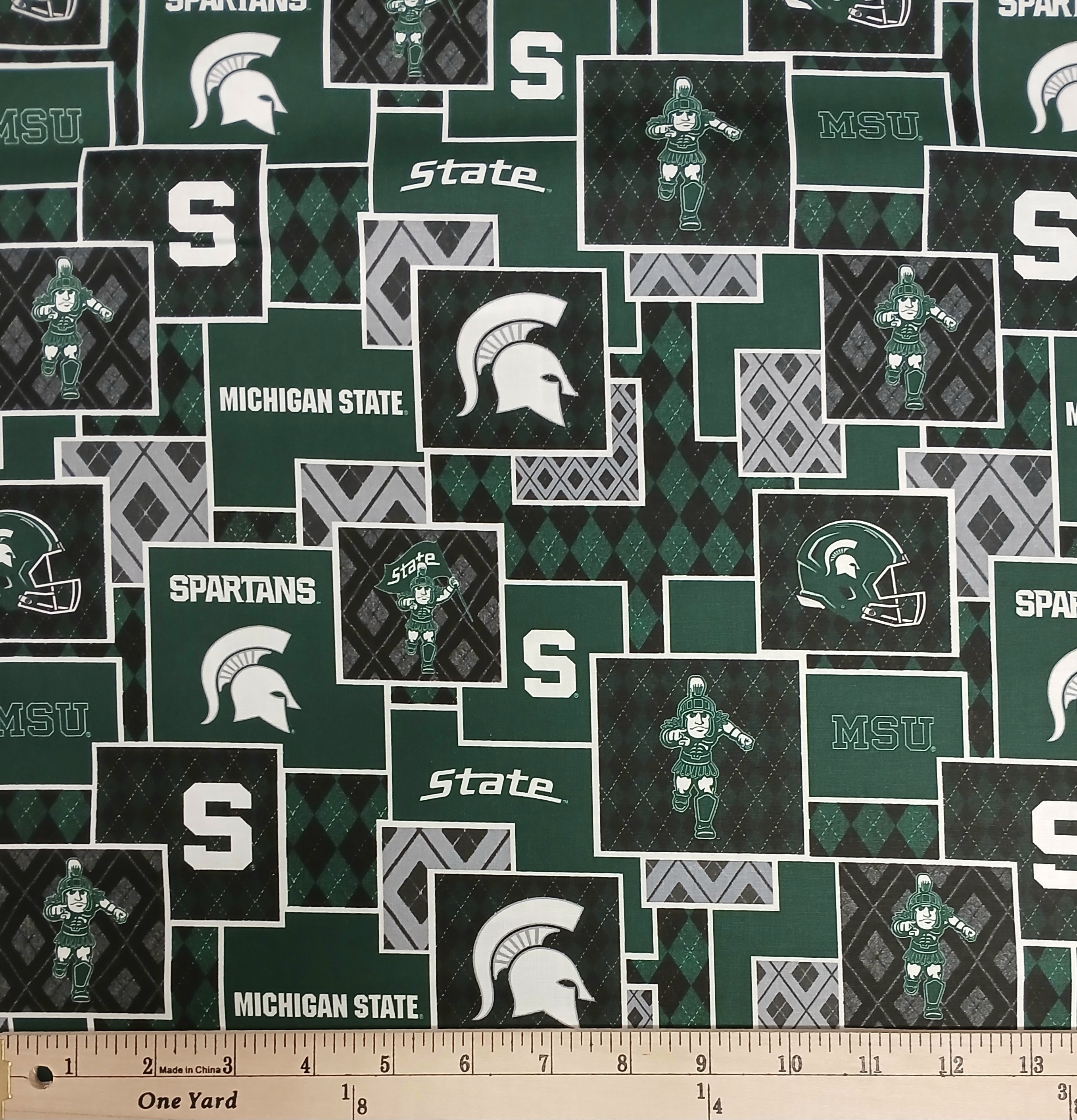 Cotton Michigan State University MSU Spartans Argyle Boxes Officially Licensed by Sykel Enterprises Green Cotton Fabric Print by the Yard (MIST1371)