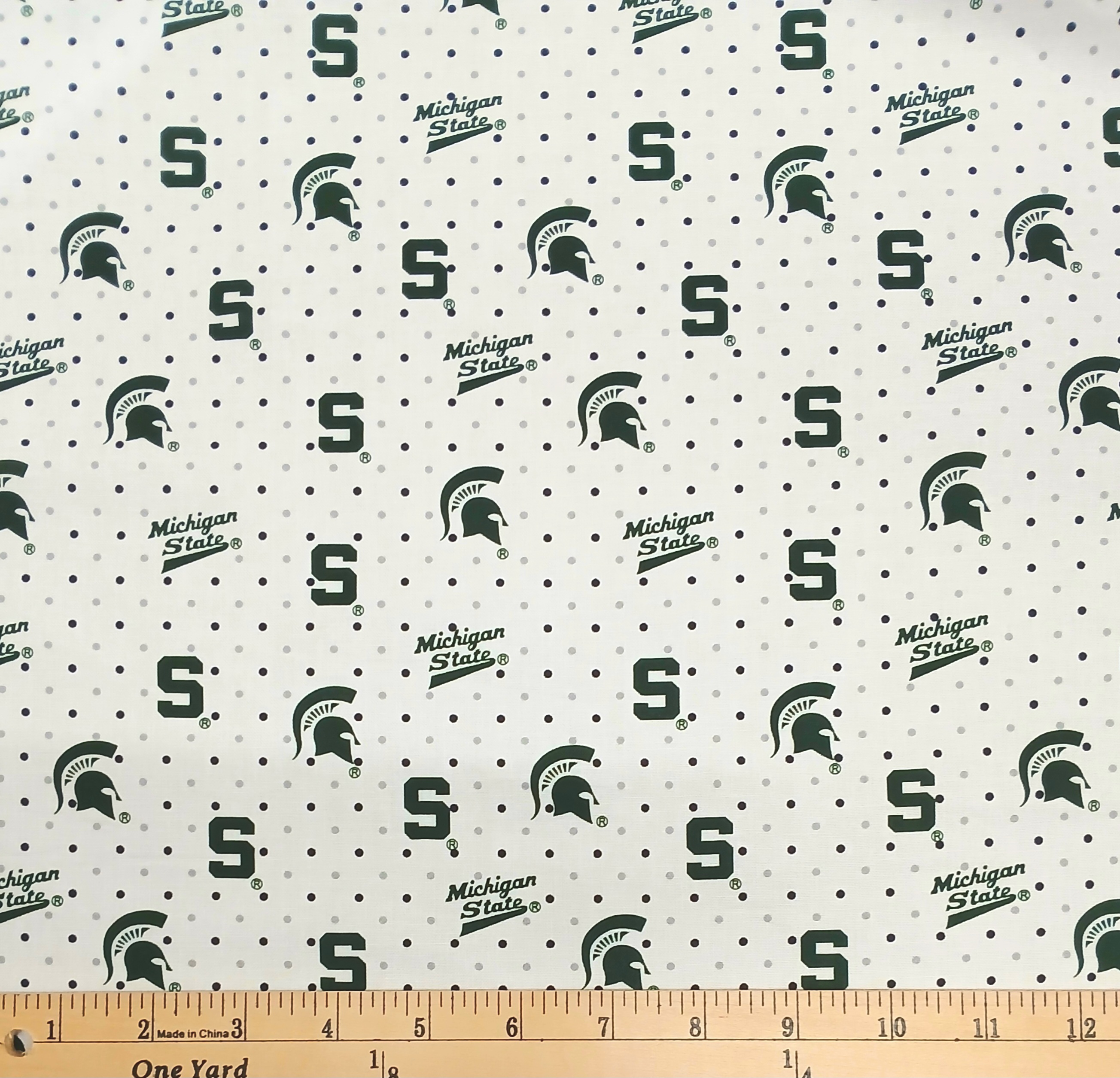 Cotton Michigan State University MSU Spartans Polka Dots Officially Licensed by Sykel Enterprises White Cotton Fabric Print by the Yard (MIST1323)