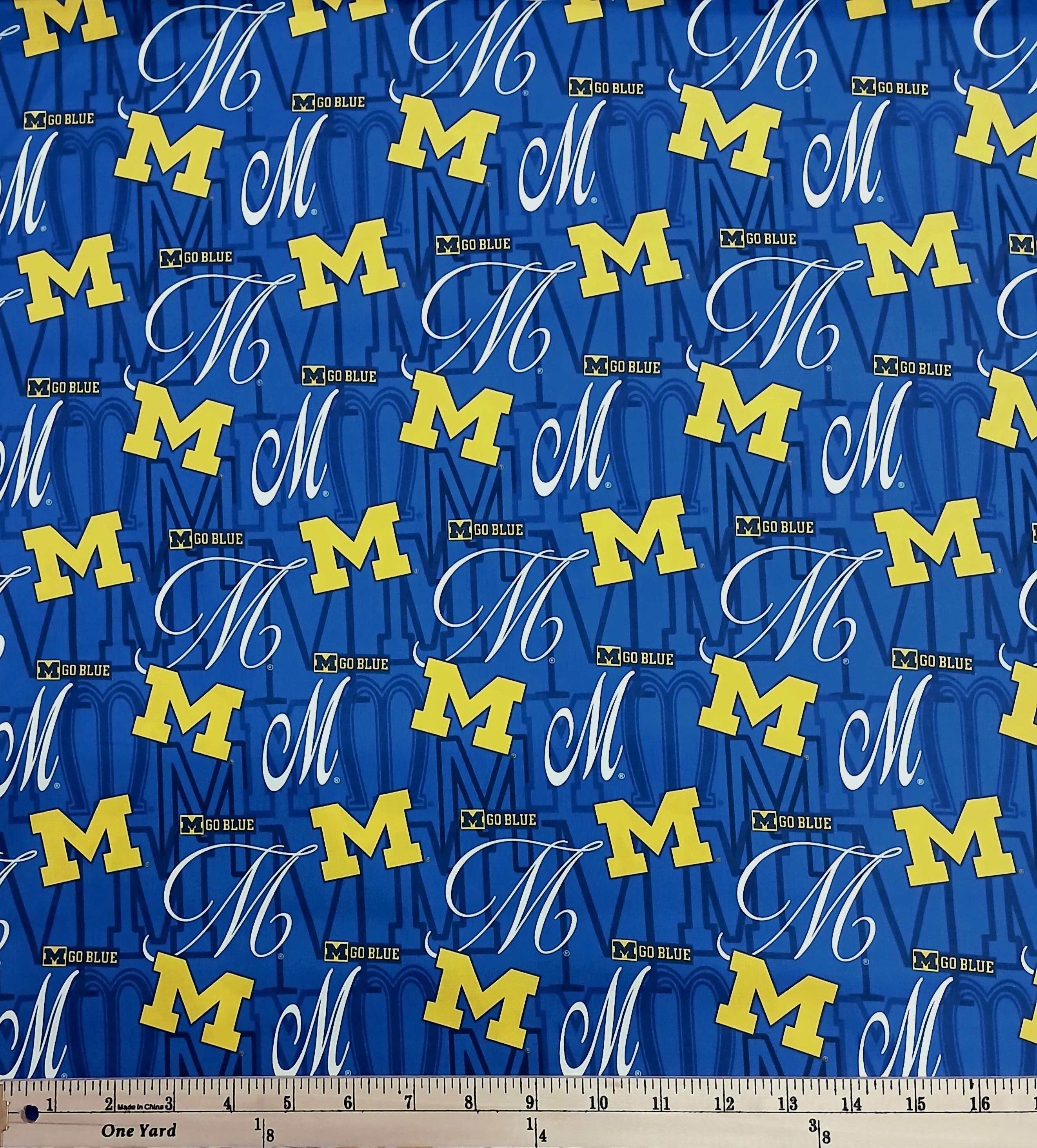 Cotton University of Michigan U of M Wolverines Letters Script Officially Licensed by Sykel Enterprises Blue Cotton Fabric Print by the Yard (MCHG1372)