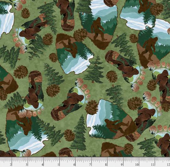 Cotton Bigfoot Country Sasquatch Footprint Forest Pine Cone Mystery Officially Licensed by P&B Textiles Cotton Fabric Print by the Yard (BCOU-06125-G)