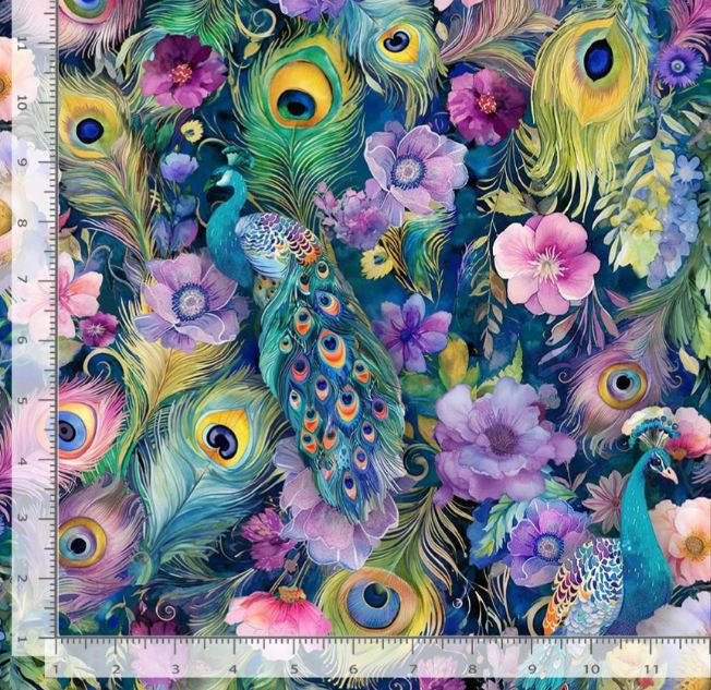 Cotton Wild Beauty Peacocks Birds Flock Wings Feathers Floral Flowers Timeless Treasures Cotton Fabric Print by the Yard (PLUME-CD3961)