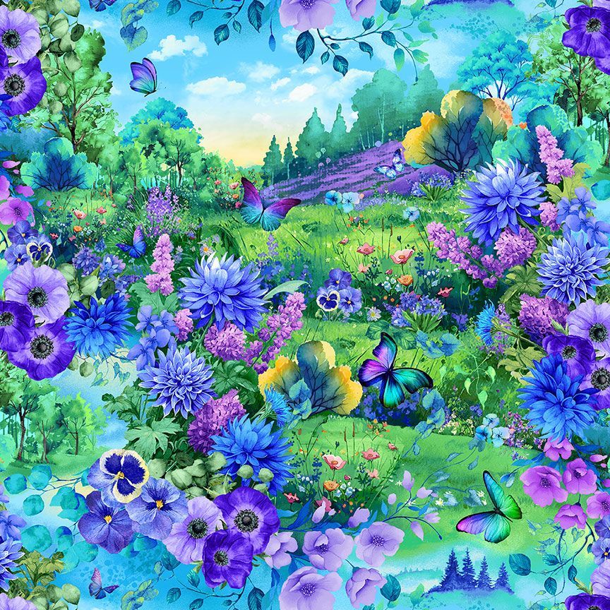 Cotton Meadow Bloom Wild Flowers Landscape Trees Butterflies Timeless Treasures Cotton Fabric Print by the Yard (MEADOW-CD3951-MULTI)