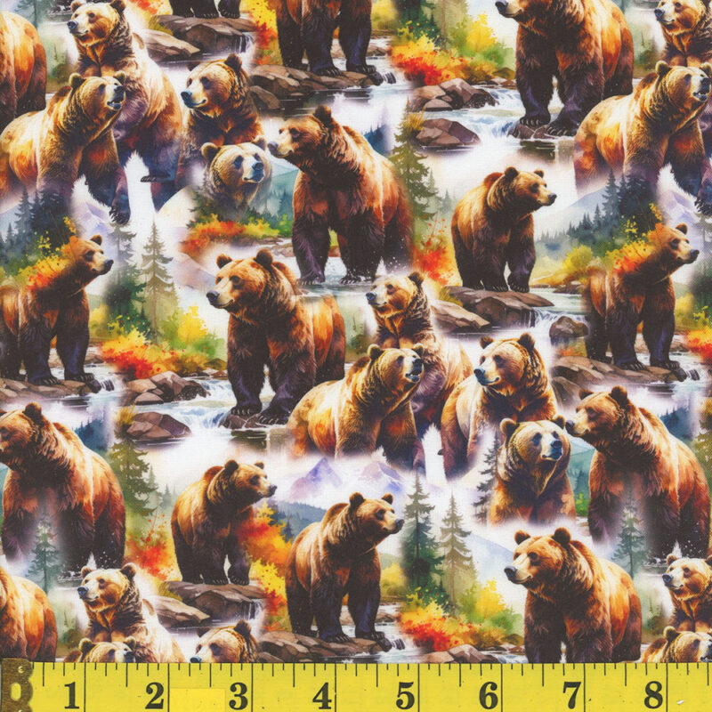 Cotton Bear Country Brown Bears Trees River Rocks Rainbows Mook Fabrics Cotton Fabric Print by the Yard (142228)