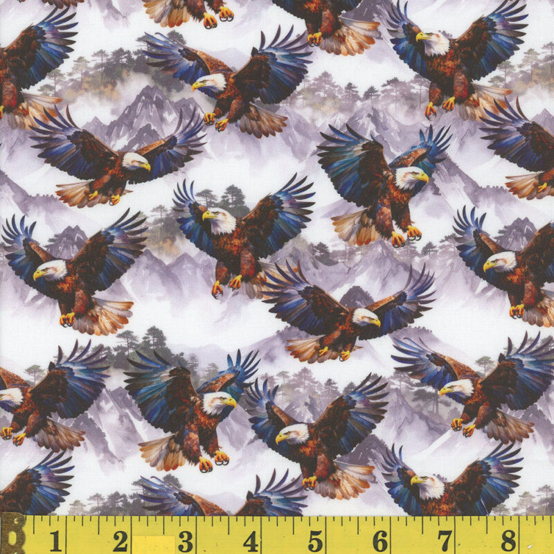 Cotton Wings of Glory Bald Eagles Wings Flying Mountains Trees Mook Fabrics Cotton Fabric Print by the Yard (142226)