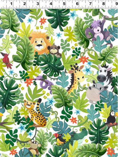 Cotton Jungle Friends Susybee Snakes Monkeys Lions Hippos Forests Clothworks Cotton Fabric Print by the Yard (SB20443-100)
