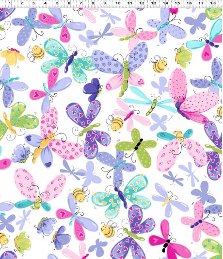 Cotton Flutter the Butterfly Susybee Dragonfly Bumble Bees Hearts Cute Clothworks Cotton Fabric Print by the Yard (SB20266-650)