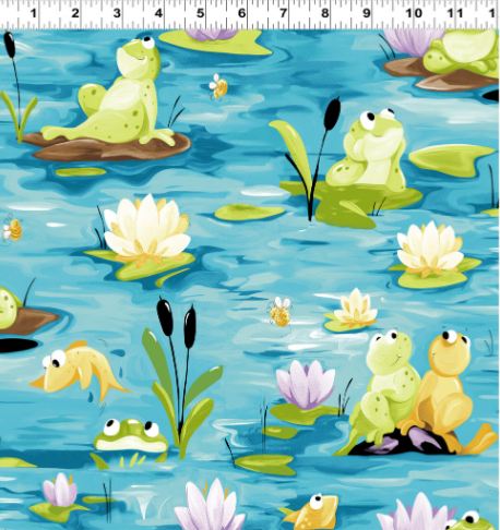 Cotton Paul's Pond Susybee Frogs Swamp Fish Lily Pads Cattails Bees Clothworks Cotton Fabric Print by the Yard (SB20408-950)