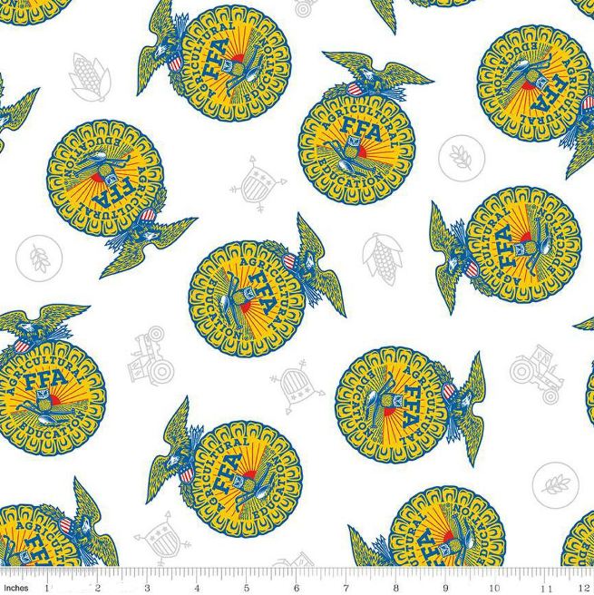 Cotton FFA Forever Blue Agriculture Badge Future Farmers of America Officially Licensed by Riley Blake Cotton Fabric Print by the Yard (C15850)