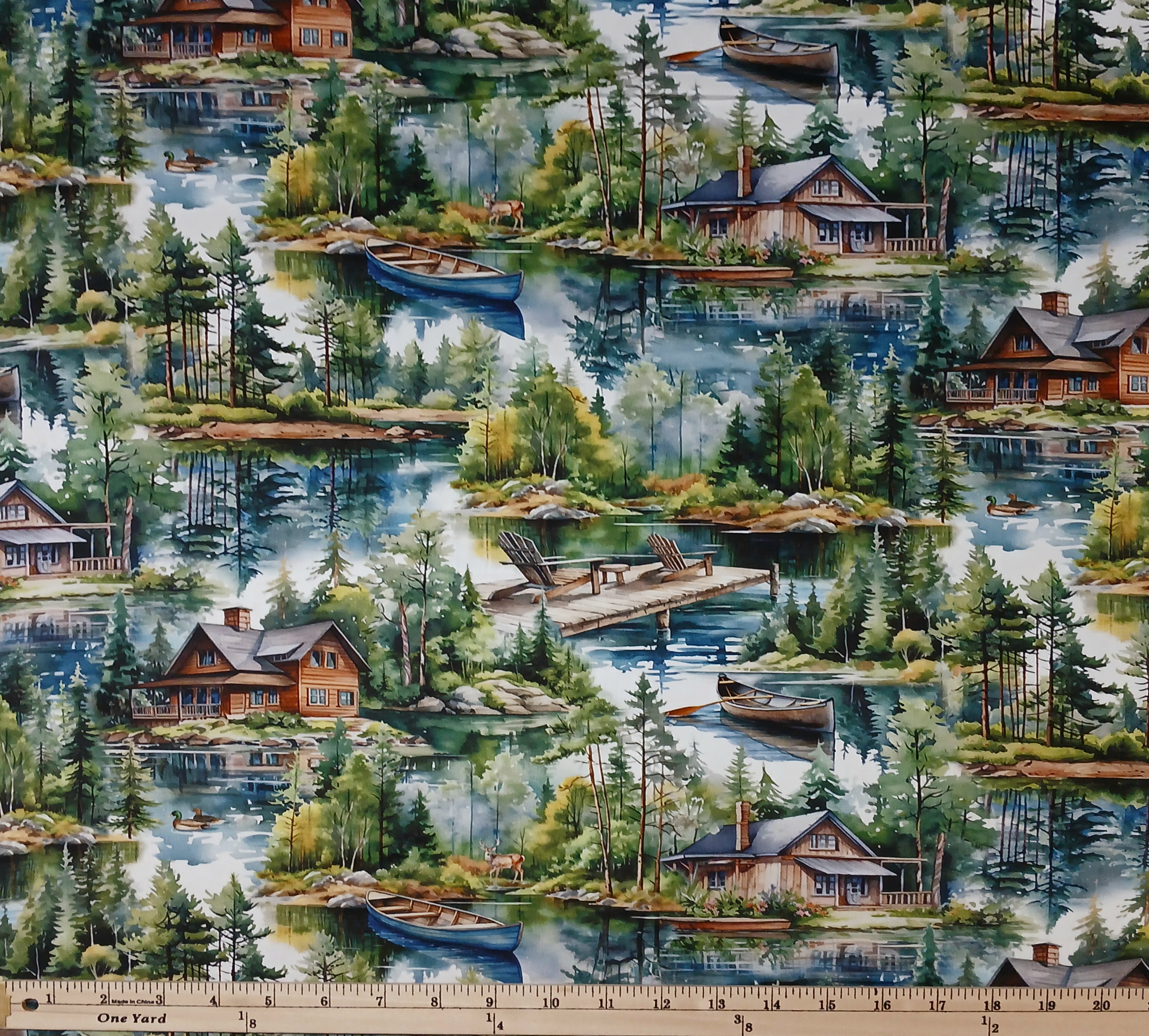 Cotton Lakeside Retreat Cottage Cabin Canoe Dock Forest Lake Northcott Cotton Fabric Print by the Yard (DP28482-36)