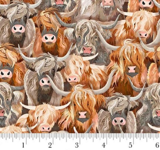 Cotton Highlander Cow Farm Animals Cattle Horns Shaggy Packed Studio E Fabrics Cotton Fabric Print by the Yard (8617-36)