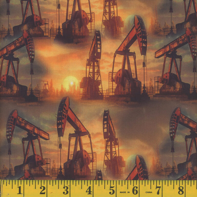 Cotton Oil Rigs in the Sunset Oil Pumpjacks Allover Scenic Mook Fabrics Cotton Fabric Print by the Yard (129372)