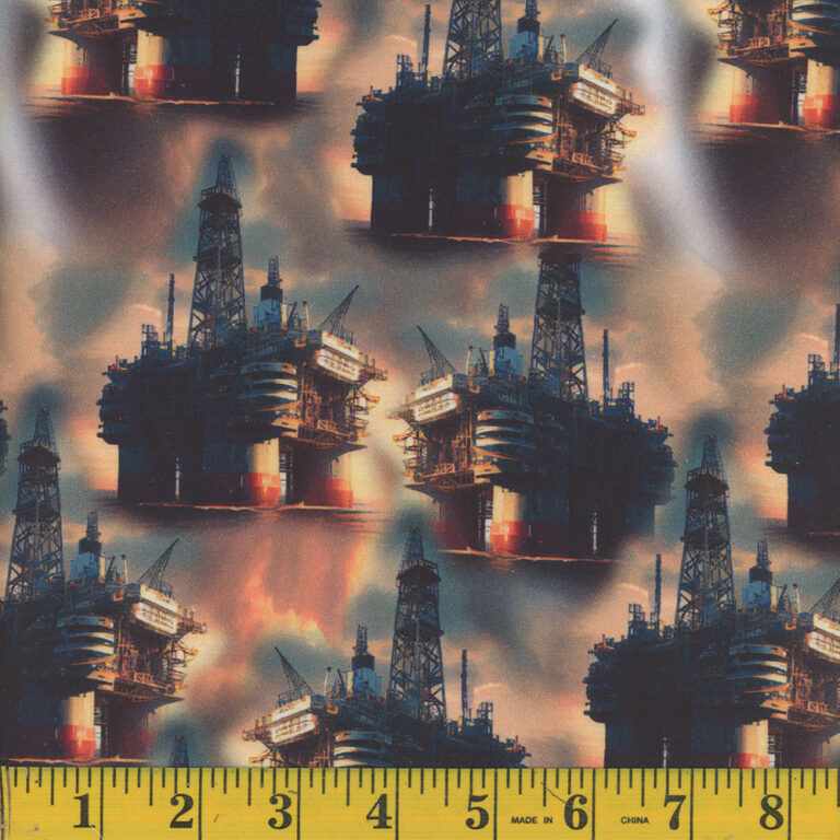 Cotton Off Shore Oil Rig Oceans Seas Rigs Allover Clouds Mook Fabrics Cotton Fabric Print by the Yard (131189)