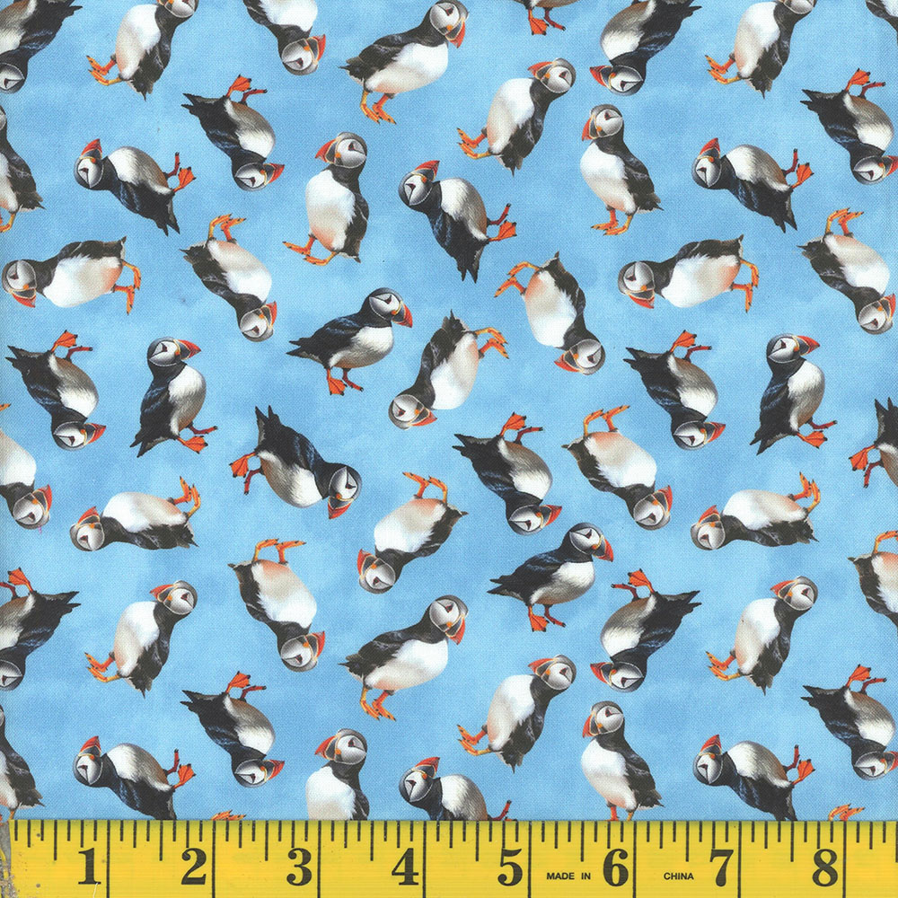 Cotton Puffins in the Seasons Puffins Allover on Blue Birds Animals Mook Fabrics Cotton Fabric Print by the Yard (142476)