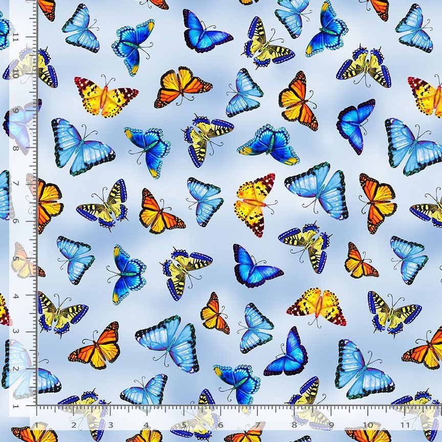 Cotton Tossed Butterflies Allover on Blue Monarchs Wings Timeless Treasures Cotton Fabric Print by the Yard (DONA-CD3439)