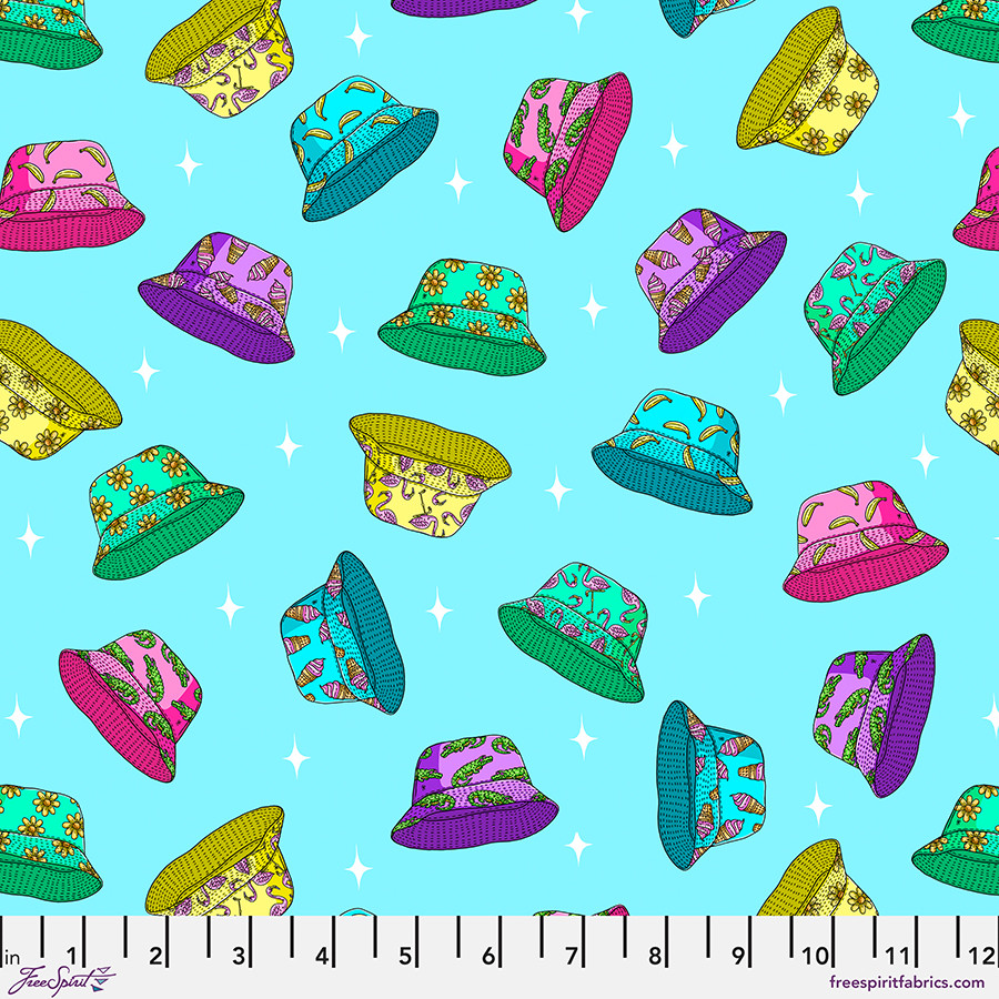 Cotton Mulga Kongz Bucket Hat Bonanza Colorful Hats Allover Summer Tropical Free Spirit Cotton Fabric Print by the Yard (PWMU022-XBLUE)