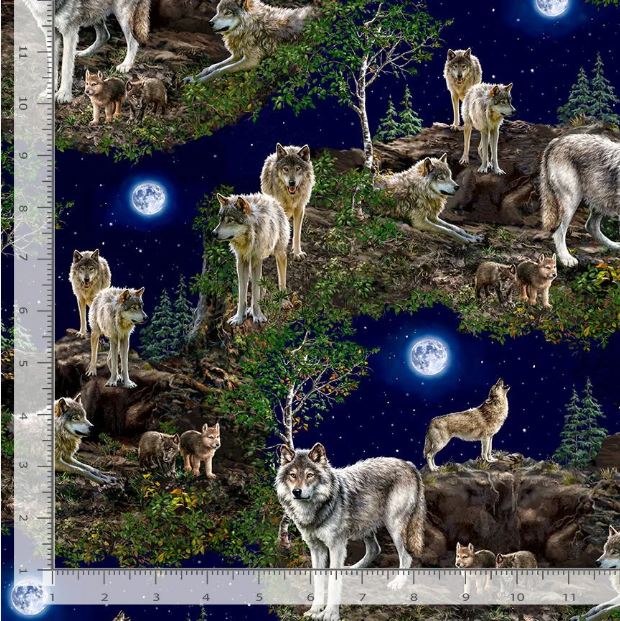 Cotton Peace & Harmony Wolf Scenic Wolves Pups Timeless Treasures Cotton Fabric Print by the Yard (DONA-CD3848-NIGHT)